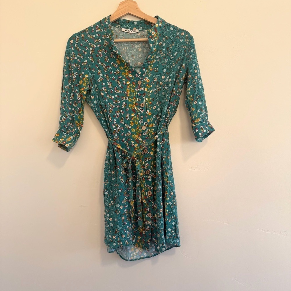 Vertiche women midi mini dress 3/4 sleeve casual tie belt Floral Teal Dress S